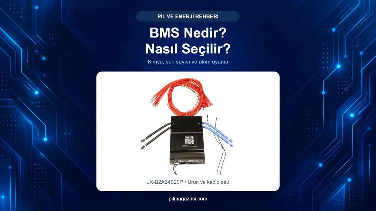 BMS nedir, nasıl seçilir? Kimya, seri sayısı ve akım rehberi — mağaza kataloğundaki JK-B2A24S20P • Ürün ve kablo seti görselleri
