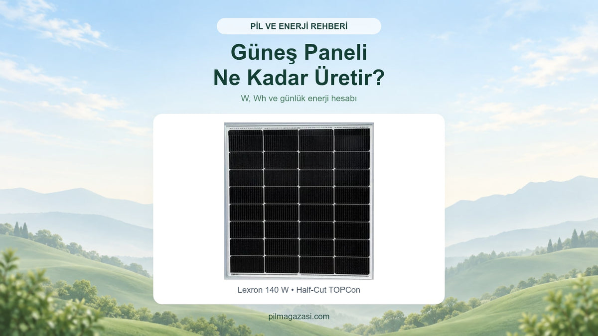 Güneş paneli günde ne kadar elektrik üretir? W ve kWh hesabı — mağaza kataloğundaki Lexron 140 W • Half-Cut TOPCon görselleri
