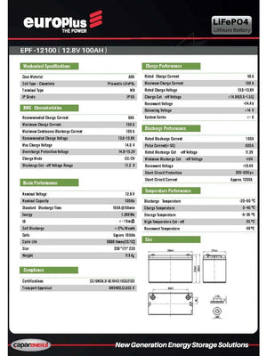 Europlus 12,8V 100 Ah Lifepo4 Lityum Akü Seri Kullanılabilir (Karavan, Marin, Yedek Güç) - Pilmagazasi