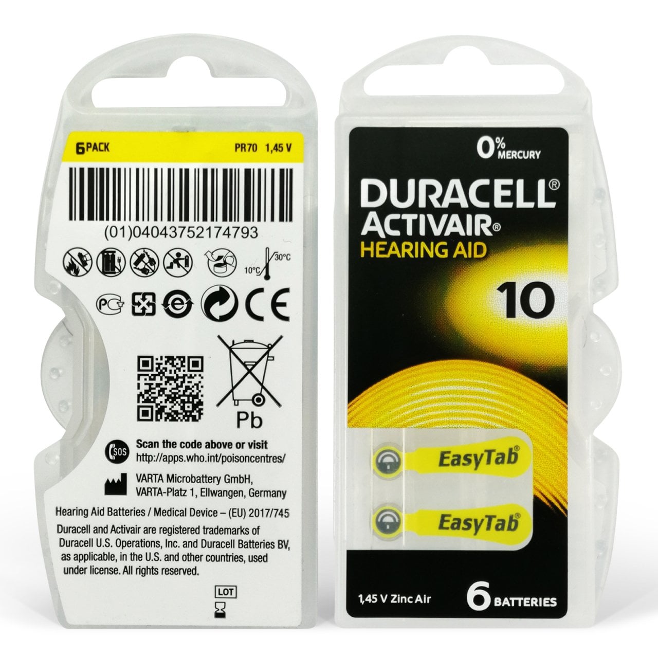 Duracell 10 İşitme Cihazı Pili (Sarı) — 6'lı Blister
