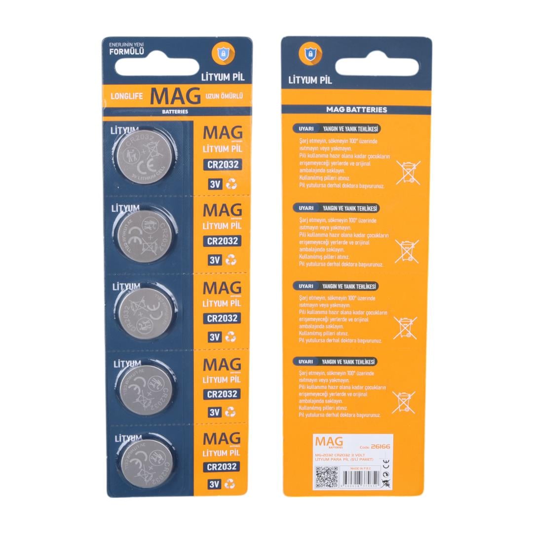 MAG Batteries MG-2032 CR2032 3V Lityum Düğme Pil — 5'li Paket
