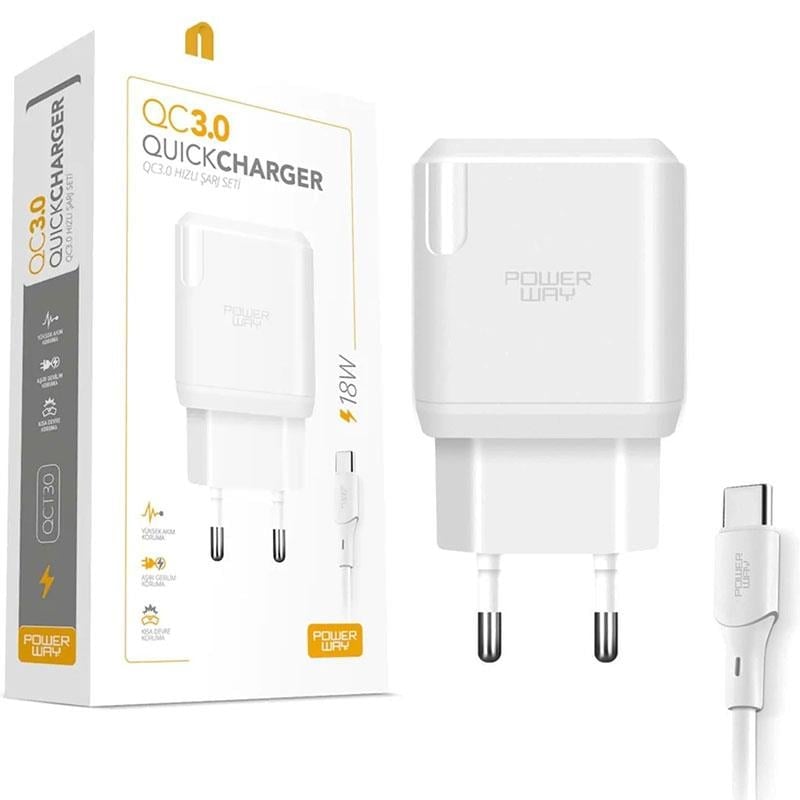 Powerway QCT30 18W 3A Type-C Kablolu Hızlı Şarj Aleti Seti