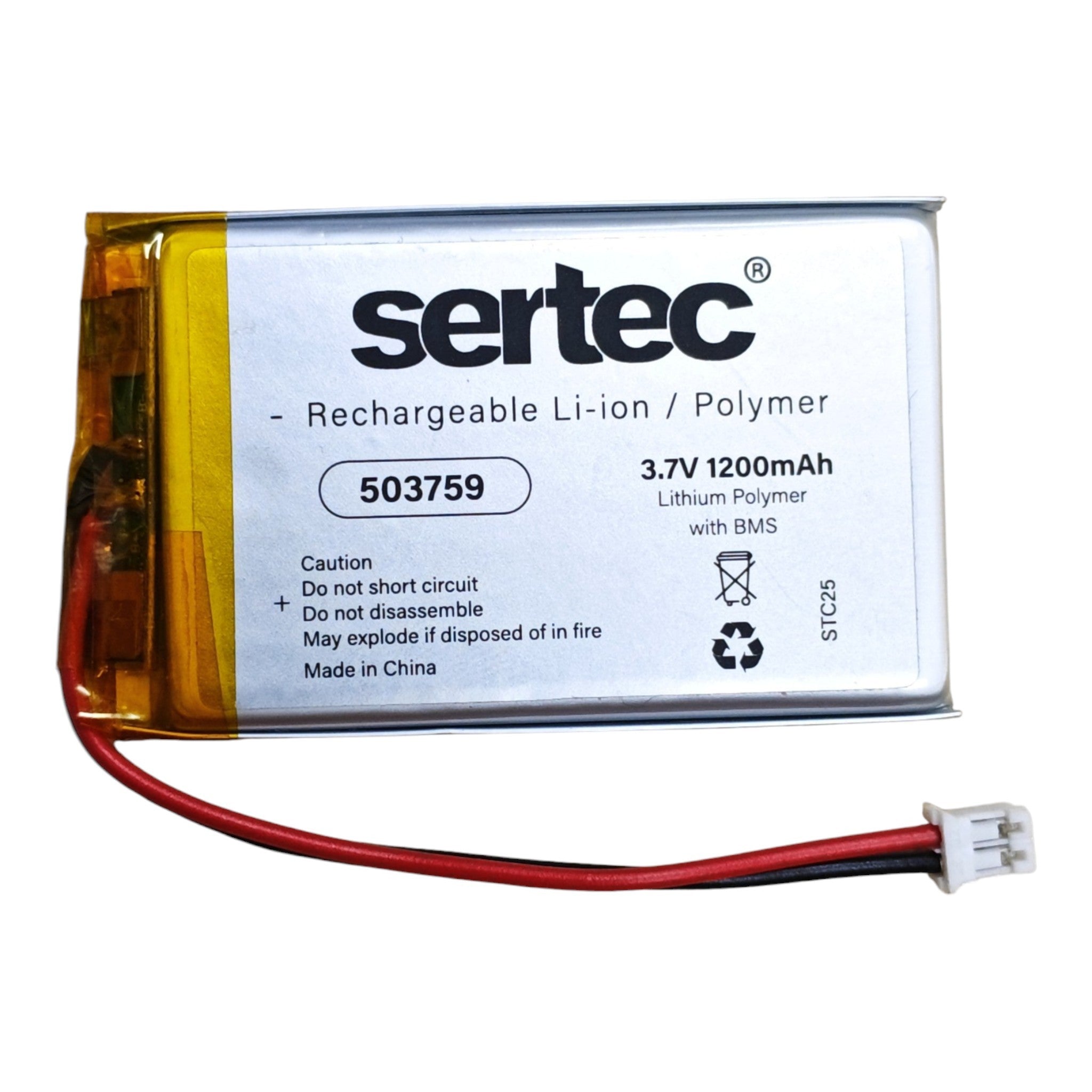 Sertec 503759 3.7V 1200mAh Li-Polymer (LiPo) Şarjlı Pil JST 2'li Beyaz Soketli