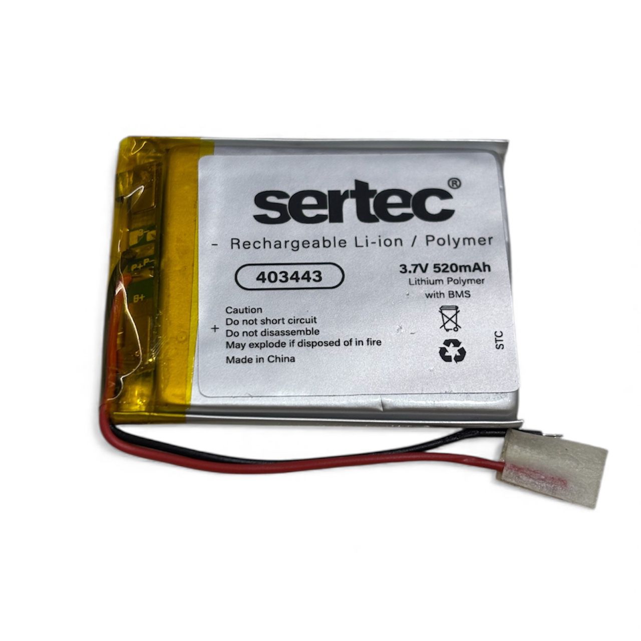 Sertec 403443 3.7V 520mAh Li-Polymer (LiPo) Şarjlı Pil — Korumalı (Devreli, 1.5A)