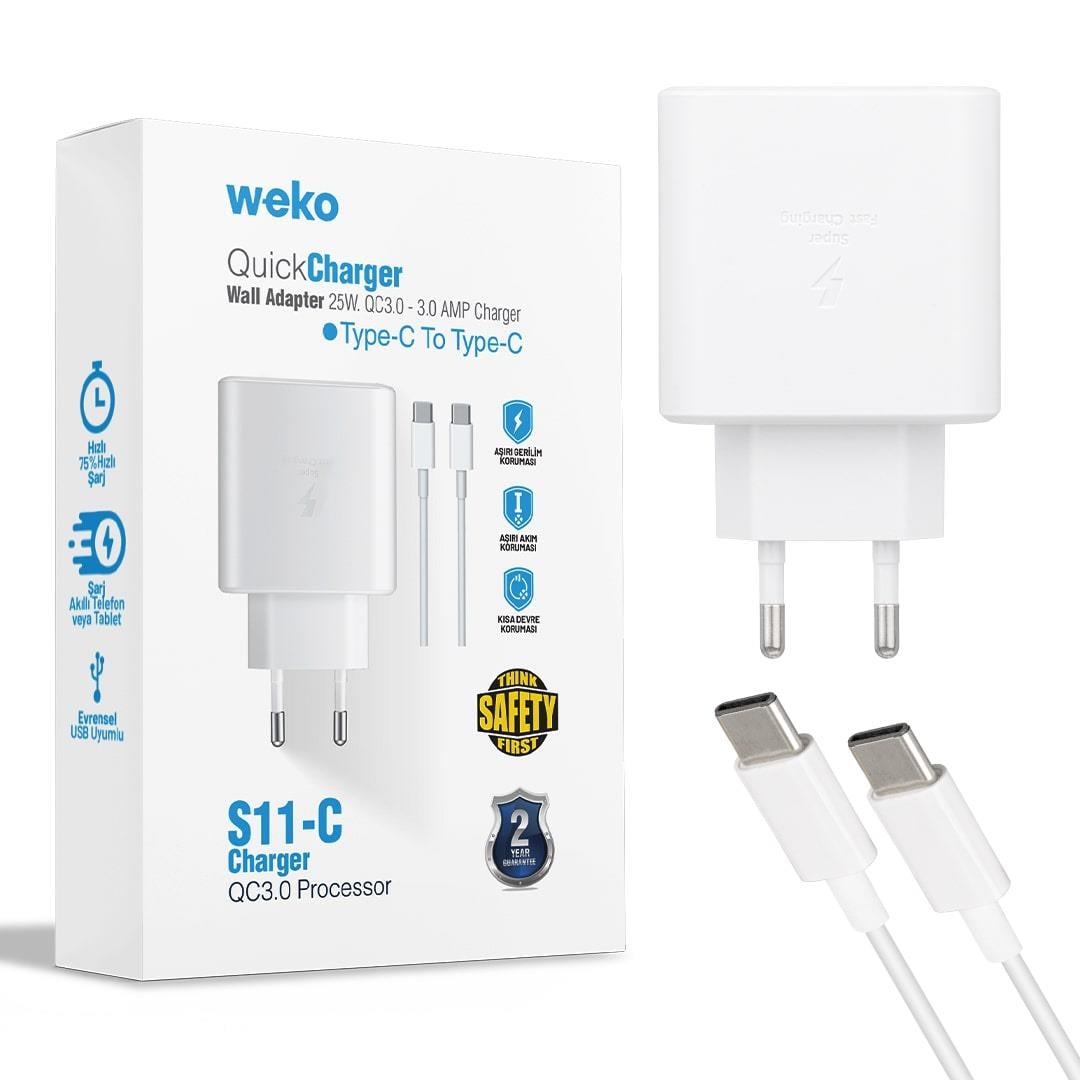 Weko WK-21440 S11-C 25W Type-C Hızlı Şarj Başlığı ve Type-C to Type-C Kablo Seti