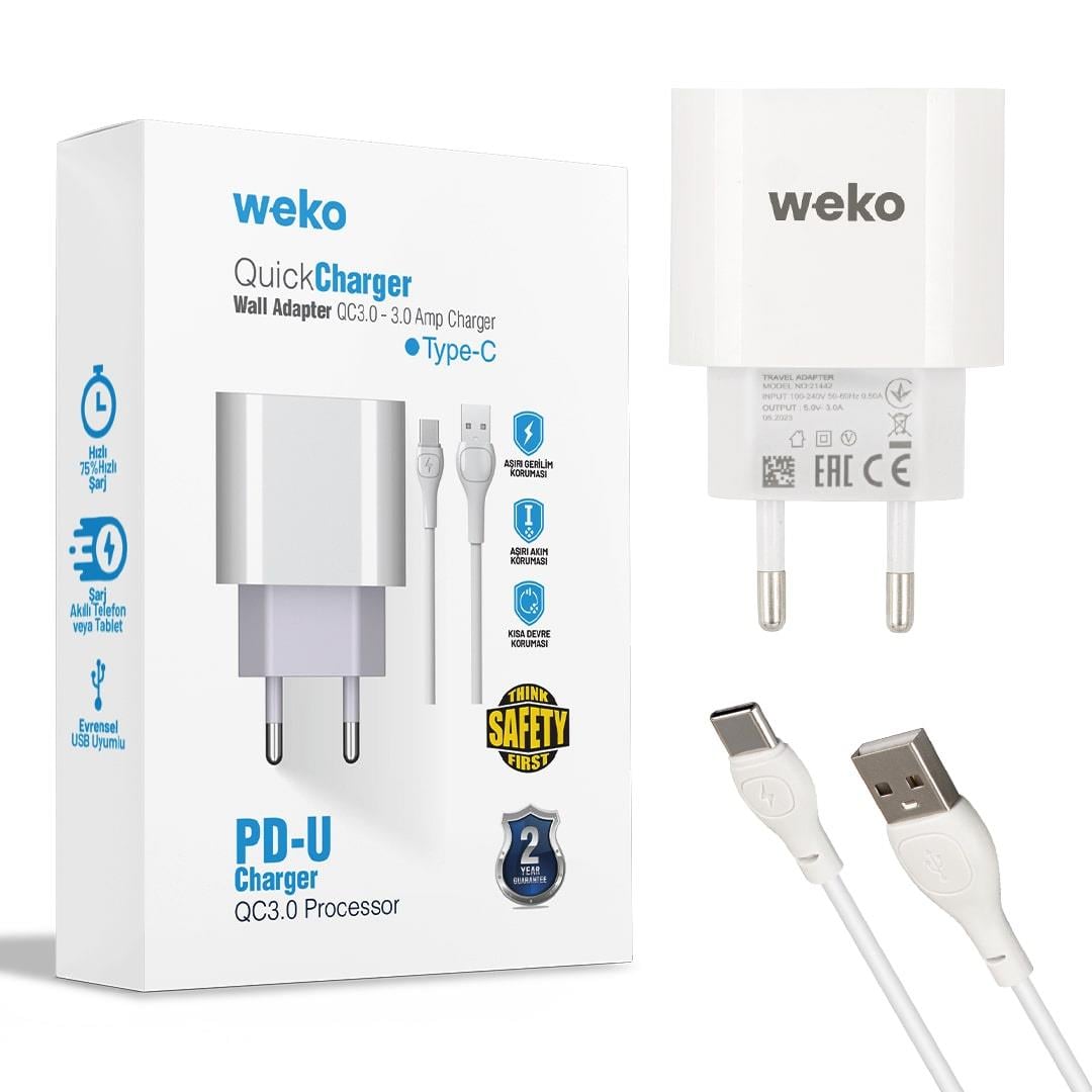 Weko WK-21442 PD + QC 3.0 Hızlı Şarj Başlığı (Adaptör) ve Type-C Kablo Seti
